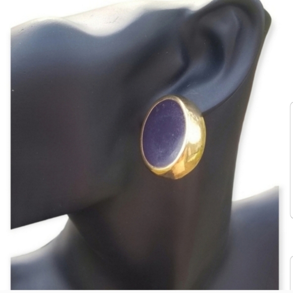 NAPIER 90S GOLDTONE & PURPLE STATEMENT EARRINGS - Picture 2 of 6